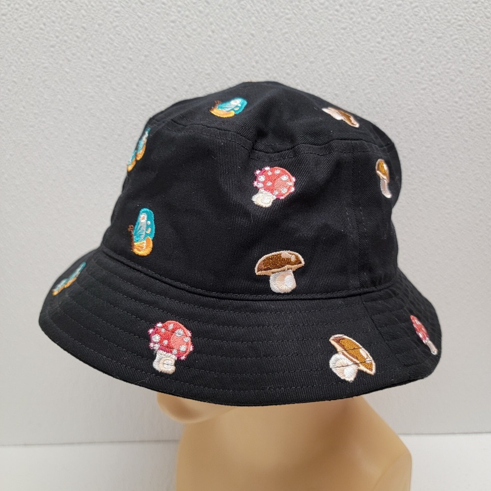 Black Bucket Hat With Mushrooms And Butterflies Novelty Hippie Hat Retro